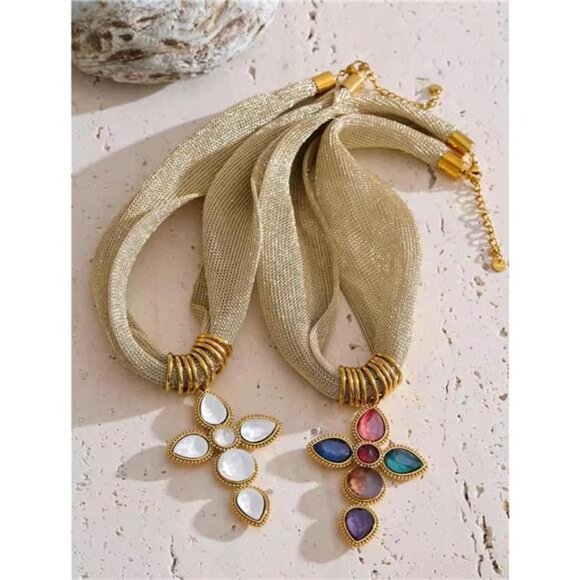 White Glass Cross Necklace | Sparkly Mesh Choker | Elegant Adjustable - Picture 2 of 5